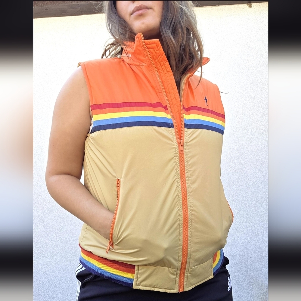 Vintage 1980s Lightning Bolt Vest / Retro Striped Rainbow Puffer Snow Vest
